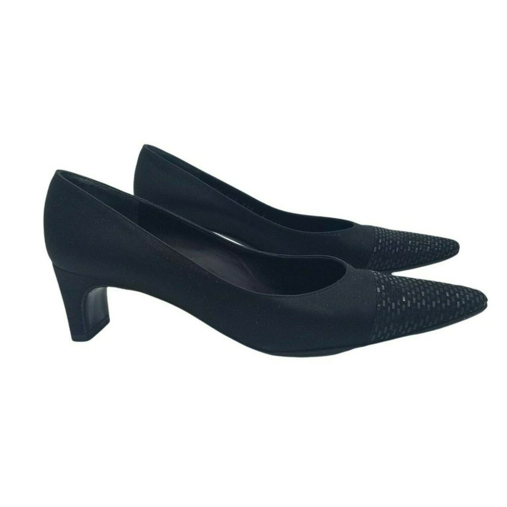 St. John Women's Size 8.5 AA Heels Black Satin & Sequins Leather Italy Dressy